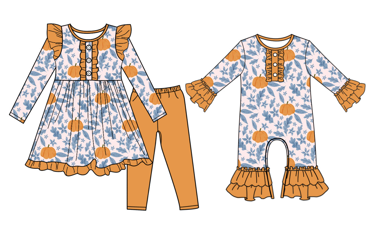 25.7.10 custom each style moq 5eta 4-6week Sibling Sister pumpkin baby girl long sleeve pants sets and rompers match family design