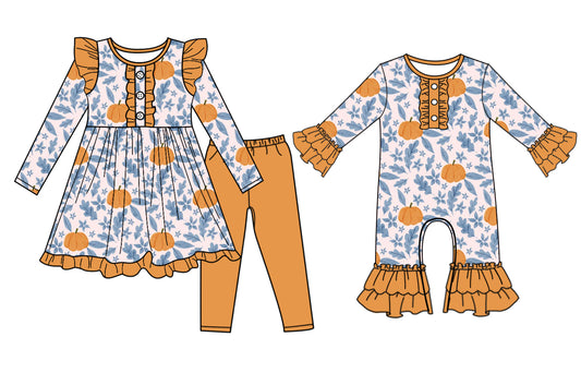 25.7.10 custom each style moq 5eta 4-6week Sibling Sister pumpkin baby girl long sleeve pants sets and rompers match family design