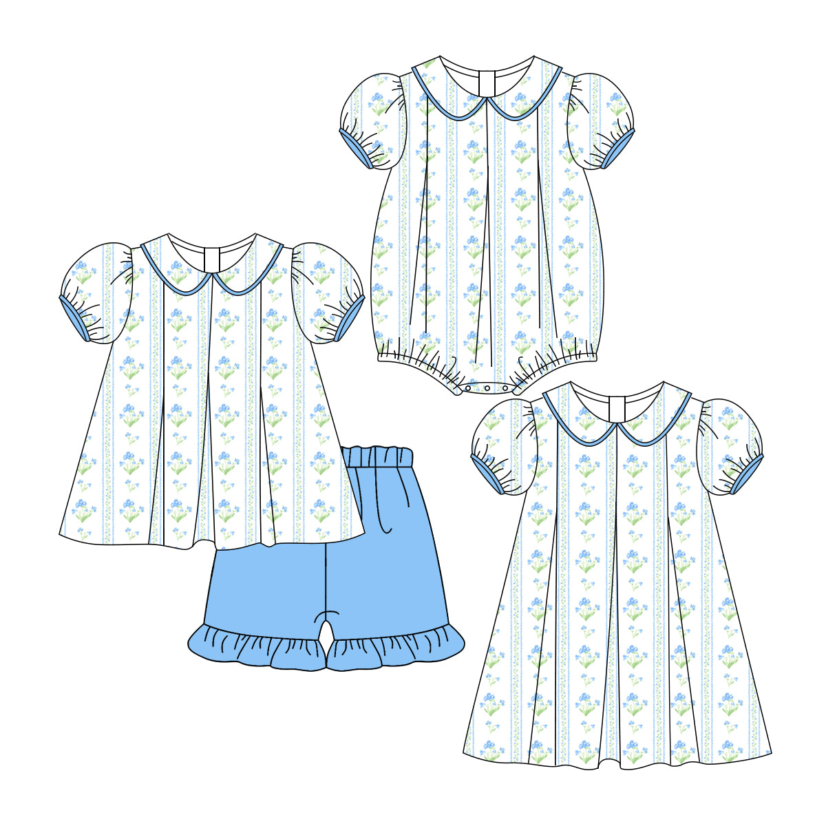 3.6 custom each style moq 5eta 4-6week Sibling Sisters floral baby girl short sleeve shorts sets and dress and rompers match family design