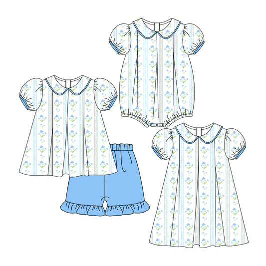 3.6 custom each style moq 5eta 4-6week Sibling Sisters floral baby girl short sleeve shorts sets and dress and rompers match family design