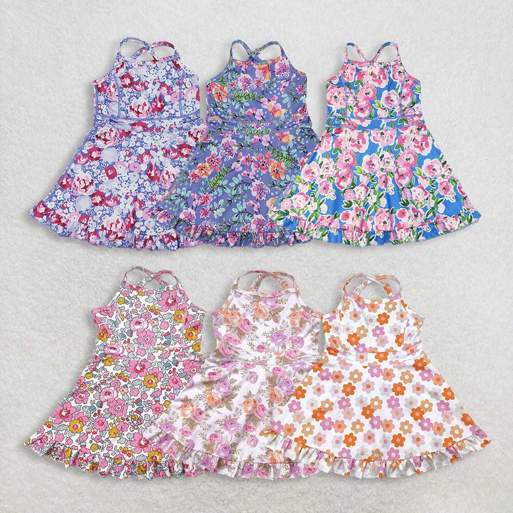 RTS NO MOQ Sibling Baby Girls Blue Strap Colorful Floral Print Yoga Ruffle Knee-Length Dresses