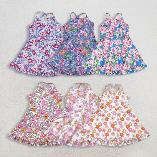 RTS NO MOQ Sibling Baby Girls Blue Strap Colorful Floral Print Yoga Ruffle Knee-Length Dresses
