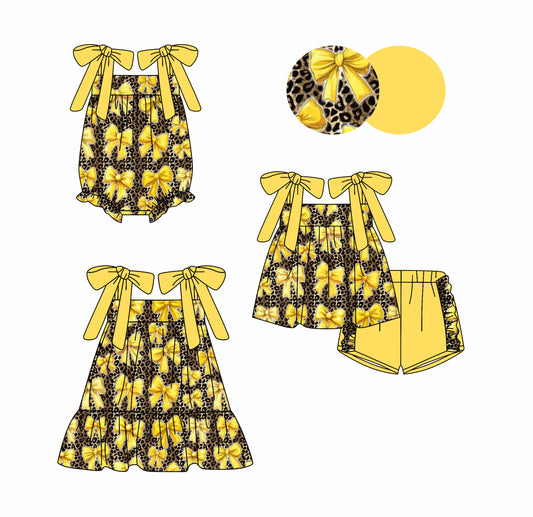 3.28 custom each style moq 5eta 4-6week Sibling Sisters bow leopard baby girl short sleeve shorts sets and dress and rompers match family design