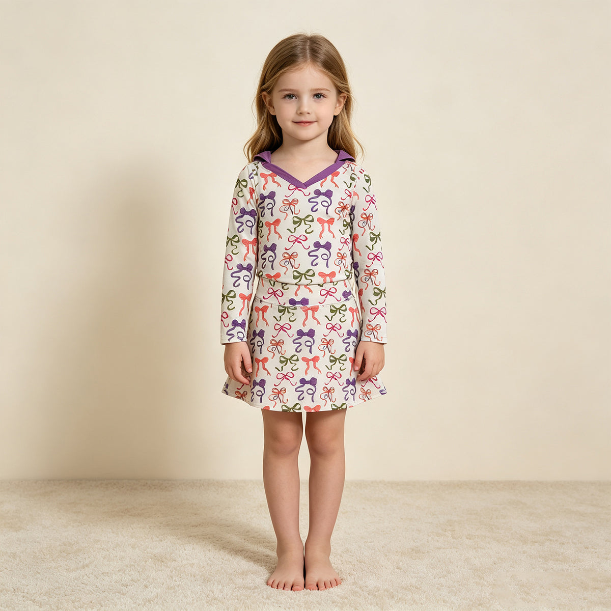 NEW RTS NO MOQ yoga fabric GLD1632 Yoga Baby Girls Colorful Bow Long Sleeve Top Short Skort Casual Active Sets