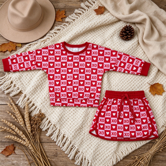NEW RTS NO MOQ milk silk GLD1826 Baby Girls Cute Hearts Print Long Sleeve Top Short Skirt Casual Outfit Set