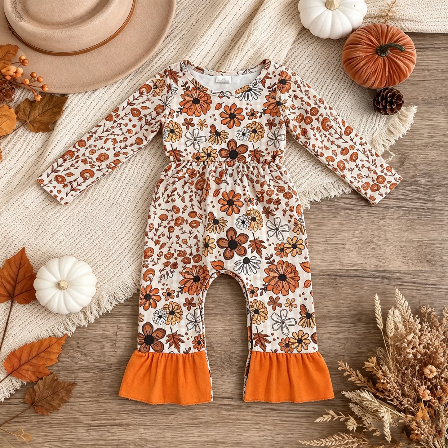 NEW RTS NO MOQ milk silk LR3025 Baby Girls Floral Leaf Long Sleeve Ruffle Casual Rompers