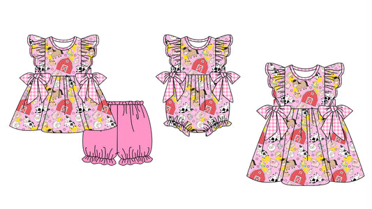 12.2 custom each style moq 5eta 4-6week Sibling Sister farm baby girl short sleeve shorts sets and dress and rompers match family design