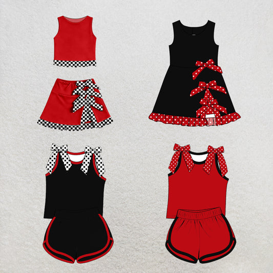 custom moq 5 mix size Baby Girls Red Black Bow Sleeveless Top Shorts Sets Vest Top Bows Skirt Shorts Sets Dress Yoga Active Scallop Sets