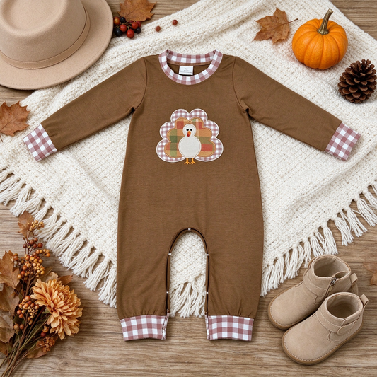 NEW RTS NO MOQ milk silk LR3170 Embroidery Turkey Baby Girls Thanksgivings Long Sleeve Pant Holiday Rompers