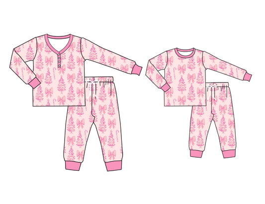 25.5.15 custom each style moq 5eta 4-6week Sibling Sister Christmas trees bow long sleeve pants sets and adult sets match design
