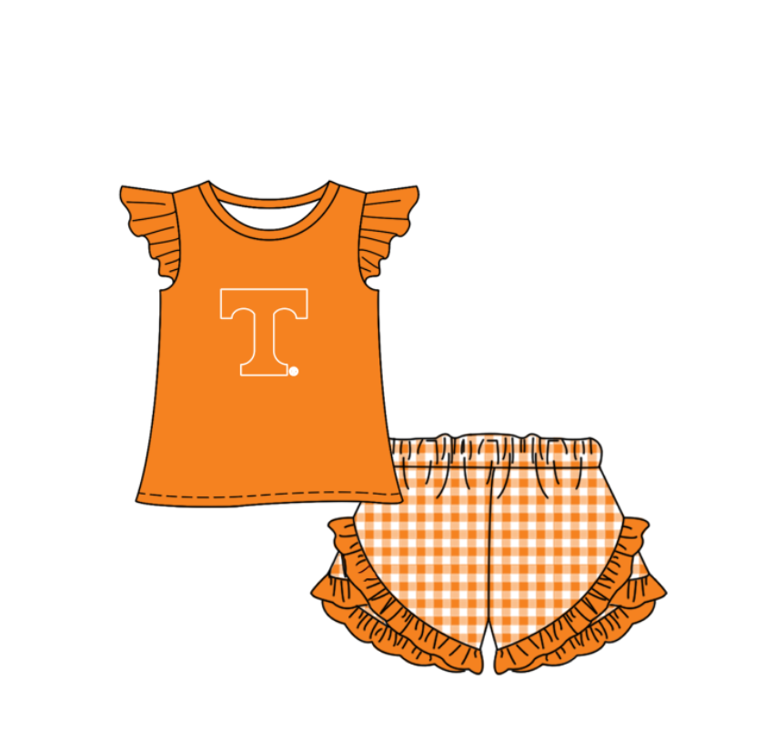 Custom moq 5 mix size milk silk summer teams Baby Boys And Girls Orange Short-Sleeved Shirt And Shorts Set Matching Striped Rompers Outfit Set