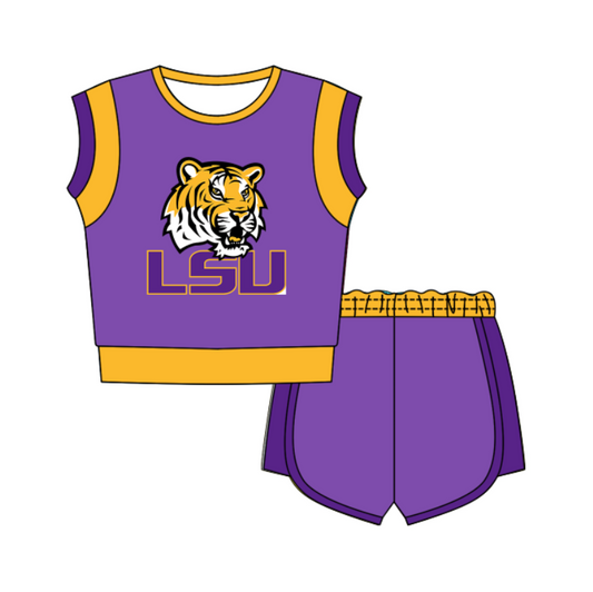 Custom moq 5 mix size milk silk summer teams Purple Sleeveless O-Neck Top And Shorts Set Cute And Comfortable Kids' Outfit