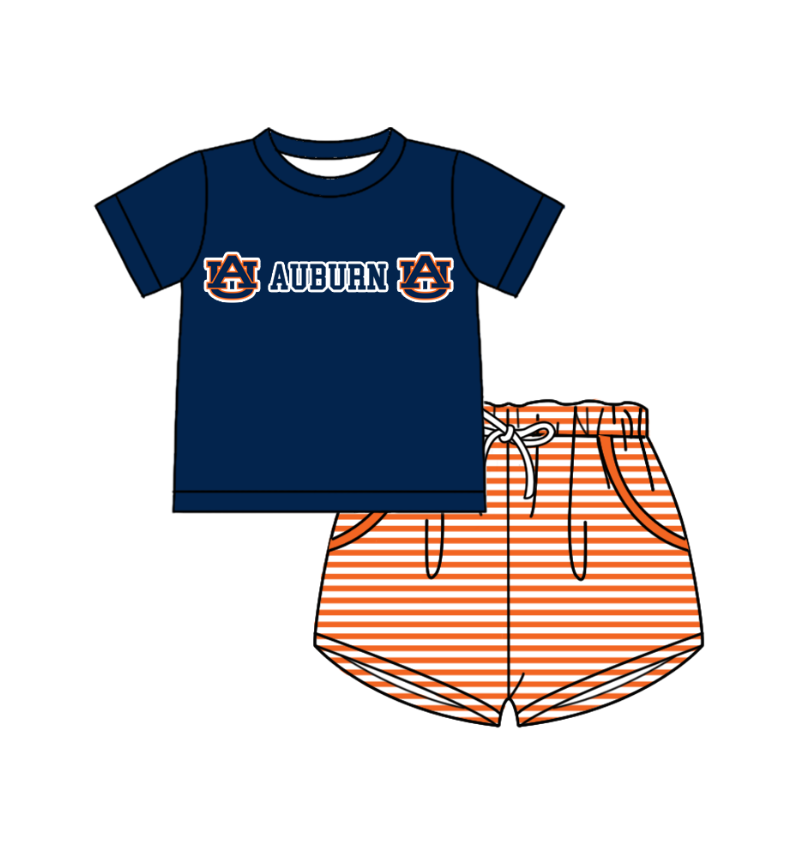 Custom moq 5 mix size milk silk summer teams Boys Navy Blue Short Sleeve Top Striped Shorts Set With Matching Romper Girls Flutter Sleeve Polka Dot Dress Romper