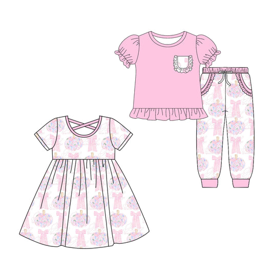 4.26 custom each style moq 5eta 4-6week Sibling Sister pumpkin bow baby girl pants sets and dress match family design