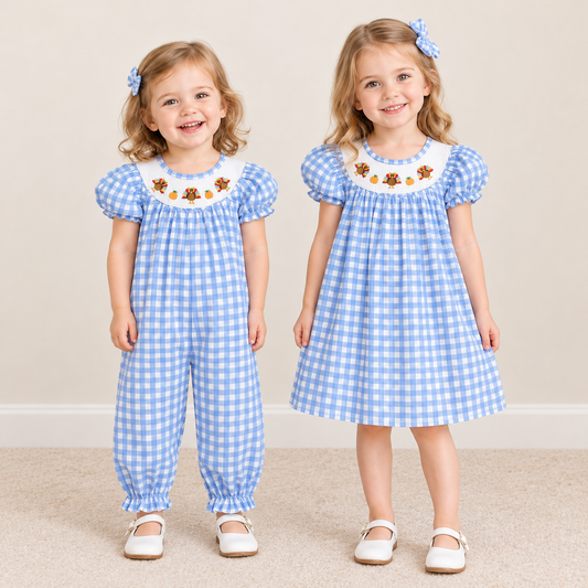 RTS NO MOQ Sibling milk silk Smocked Baby Girls Thanksgiving Turkey Embroidery Blue Gingham Romper And Dress Set