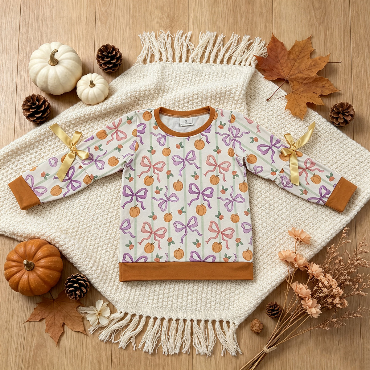 NEW RTS NO MOQ milk silk GT1658 Baby Girls Checked Bows Pumpkins Long Sleeve T Shirt Top