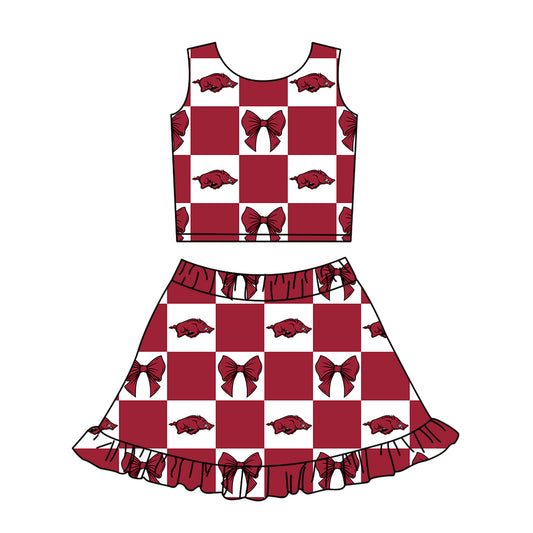 Custom moq 3 or 5 mix size milk silk summer teams baby girl clothes bow dark red sleeveless skirts sets-26.1.17