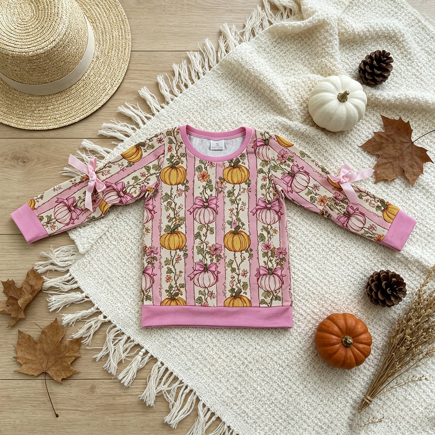 NEW RTS NO MOQ milk silk GT1659 Baby Girls Striped Flower Pumpkin Long Sleeve Casual Daily Top
