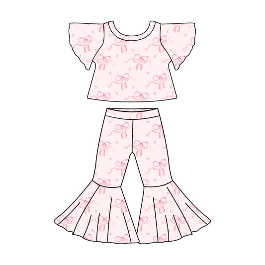 10.28 custom each style moq 5eta 4-6week baby girls clothes pink bow short sleeve pants sets
