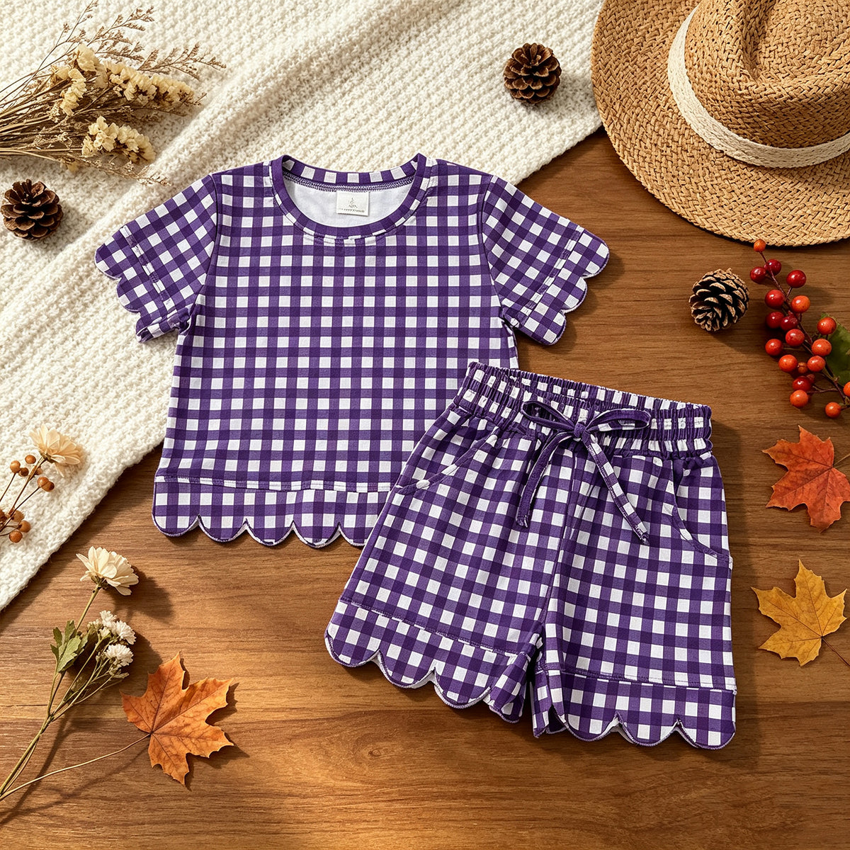 NEW RTS NO MOQ milk silk GSSO3841 Baby Girls Purple Check Shirt Top Elastic Scallop Shorts Set