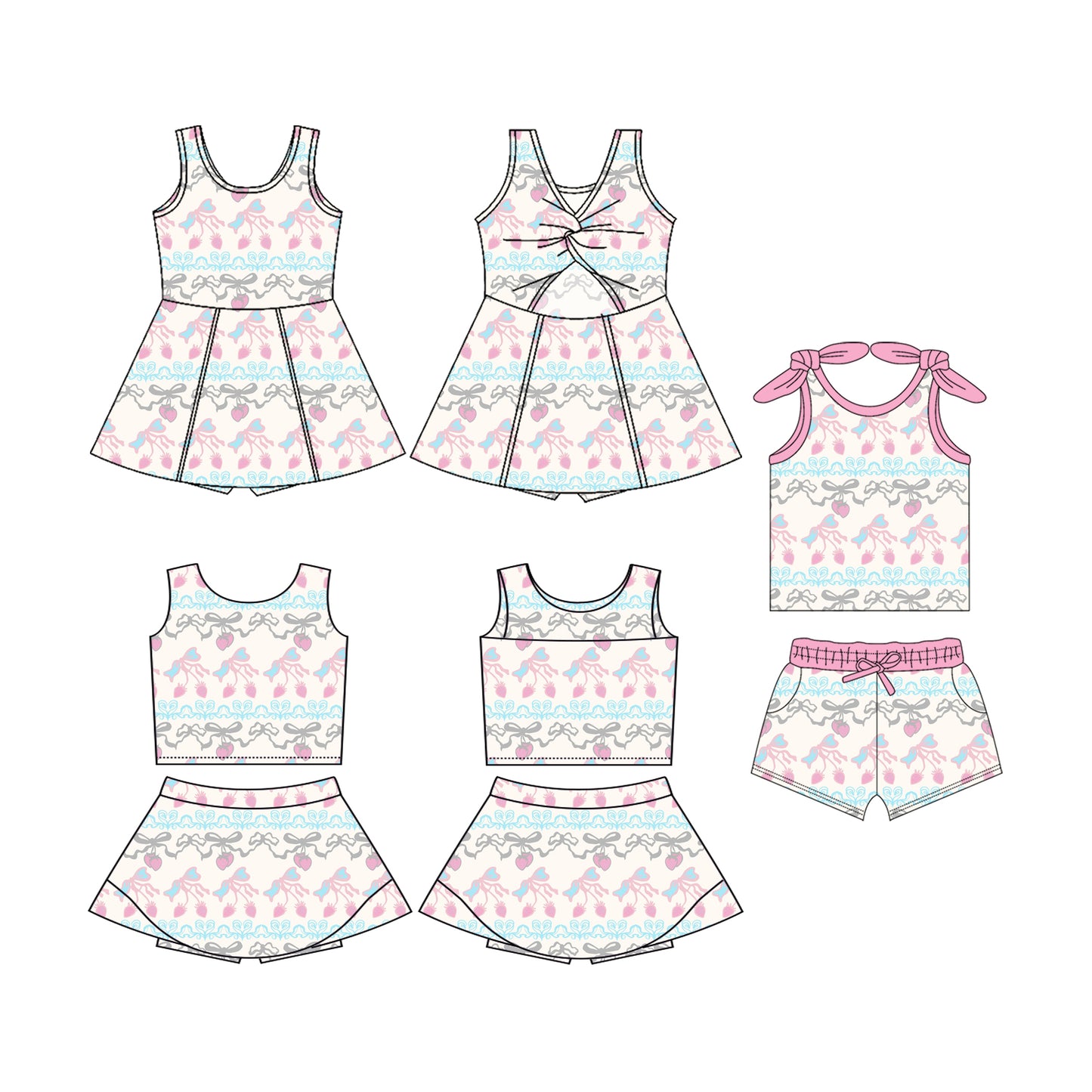 3.24 custom each style moq 5eta 4-6week Sibling Sister strawberry bow baby girls clothes Short sleeve shorts sets and yoga dress 1 and dress 2 match family design