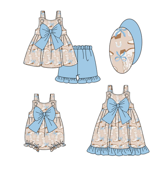 3.26 custom each style moq 5eta 4-6week Sibling Sisters boot bow baby girl short sleeve shorts sets and dress and rompers match family design