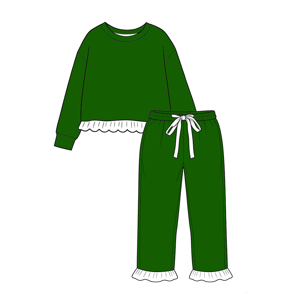 custom moq 5 mix size Baby Girls Green Ruffle Trim Long Sleeve Top And Drawstring Striped Ruffle Pants Set