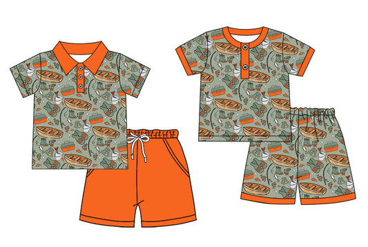 3.9 Custom moq 5 mix size Sibling Baby Boy Short-Sleeved Pajama Set with Matching Short-Sleeved Polo Shirt And Orange Shorts