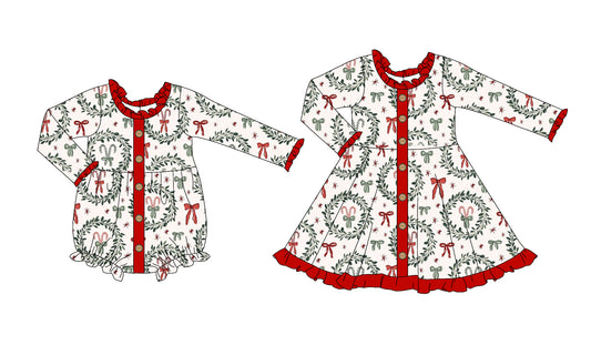 25.5.23 custom each style moq 5eta 4-6week Sibling Sisters Christmas bow baby girl long sleeve dress and rompers match family design