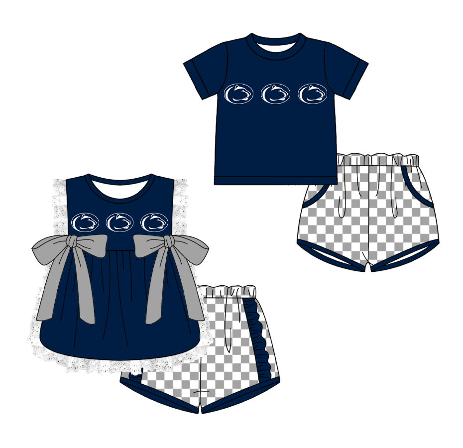 Custom moq 5 mix size milk silk summer teams Navy Blue Girl Sleeveless Top And Plaid Shorts Set with Bow Boy Short Sleeved Top And Plaid Shorts Set