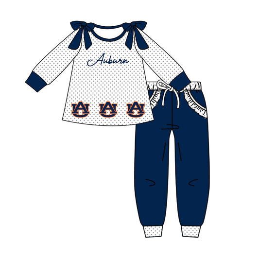 Custom moq 5 mix size milk silk summer teams baby girl clothes navy blue long sleeve pants sets-25.10.14