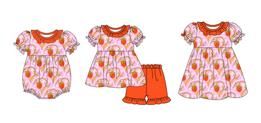 2.21 custom each style moq 5eta 4-6week Sibling Sisters strawberry baby girl short sleeve shorts sets and dress and rompers match family design