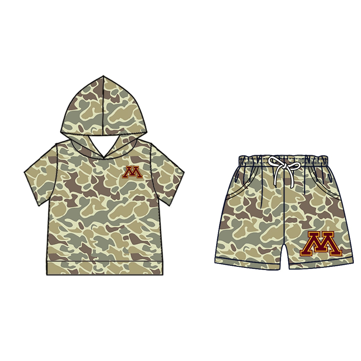 Custom moq 5 mix size milk silk summer teams Camo Hooded Short Sleeve Top Shorts Set Ice Cream Drips Dark Red Hooded Top with Matching Shorts For Kids