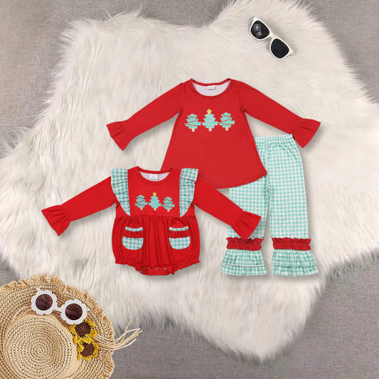 RTS NO MOQ Sibling Baby Girls Christmas trees red long-sleeved trousers suit & romper