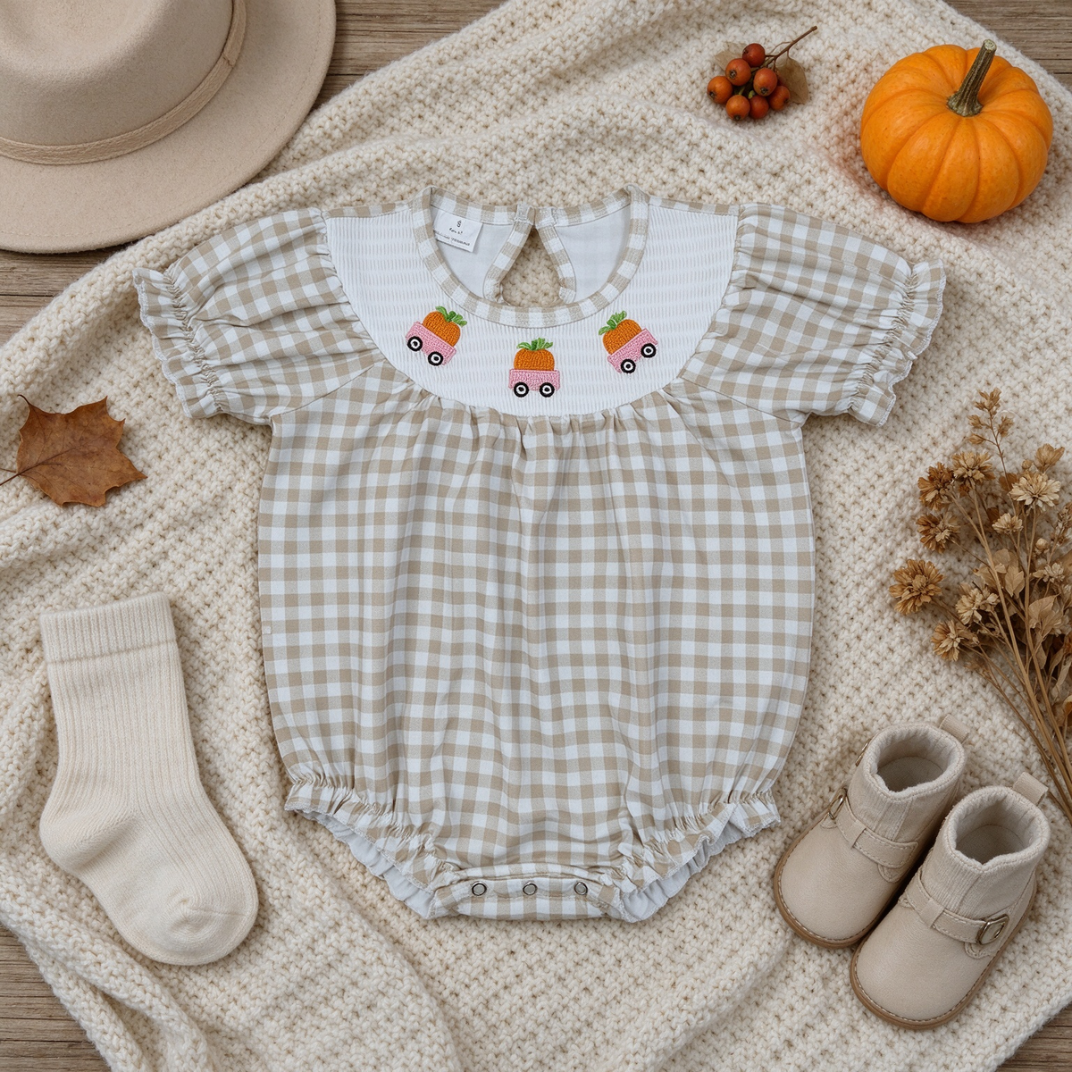 NEW RTS NO MOQ milk silk SR4280 Smocked Baby Girls Khaki Checked Pumpkins Trucks Fall Ruffle Rompers