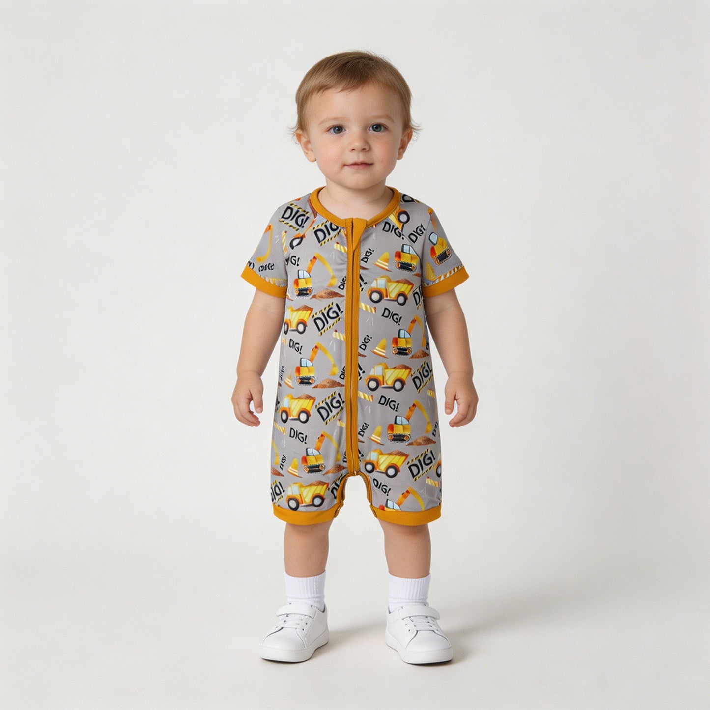 RTS NO MOQ milk silk SR0844 Baby Boys Digger Summer Short Sleeve Zip Rompers