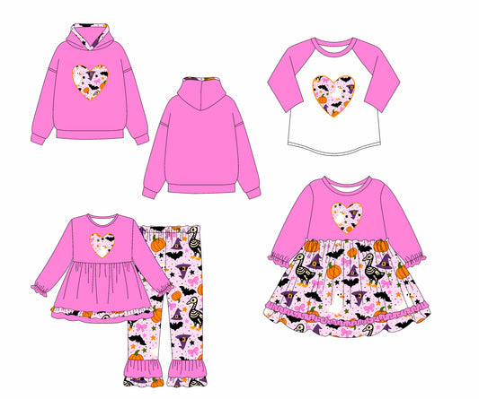 25.7.14 custom each style moq 5eta 4-6week Sibling Sisters pumpkin bat bow baby girl long sleeve pants sets and dress and top 1 and top 2 match family design