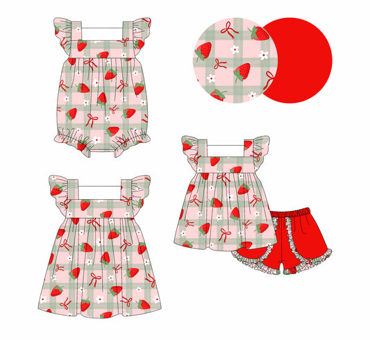 4.4 custom each style moq 5eta 4-6week Sibling Sisters strawberry bow red baby girl short sleeve shorts sets and dress and rompers match family design