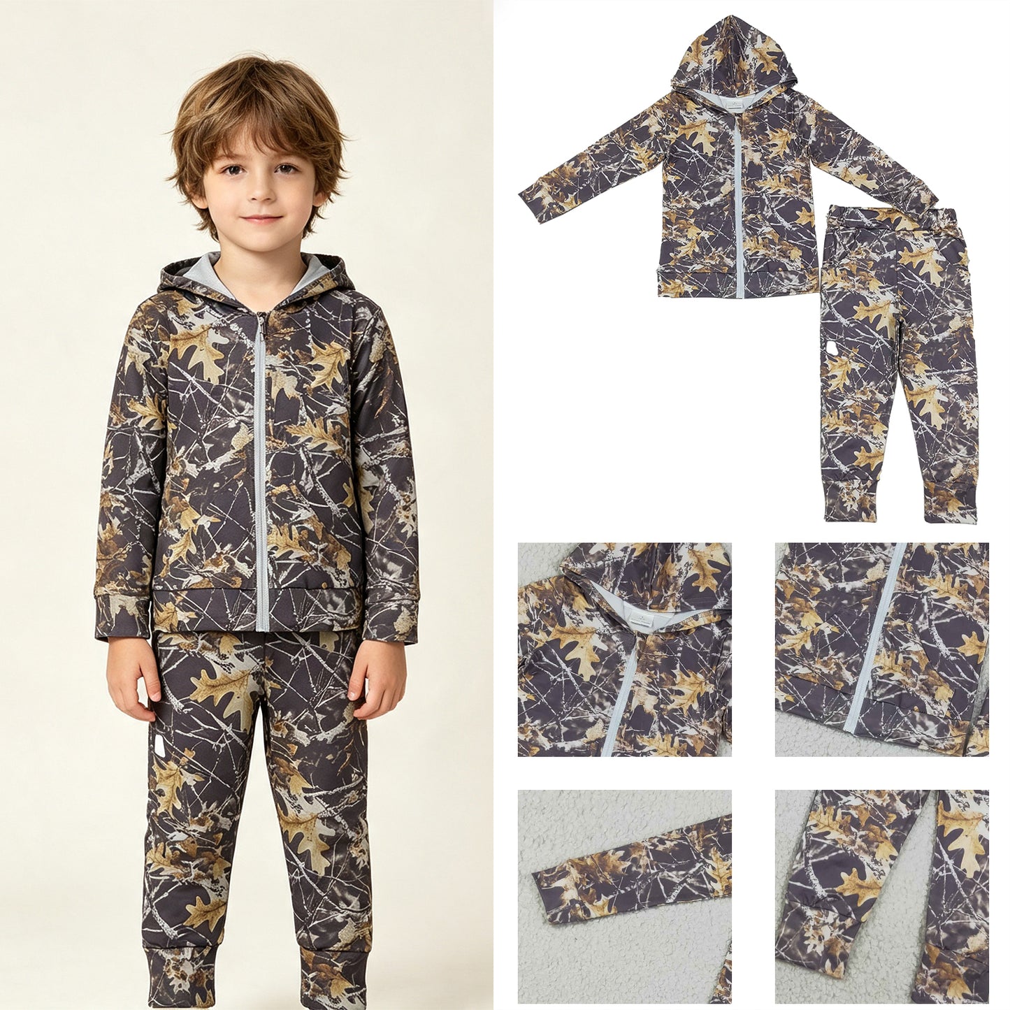 RTS No moq milk silk BLP1439 Baby Boys Southern Leaves Camo Pocket Zip Hoodies Jacket Joggers Clothes Sets