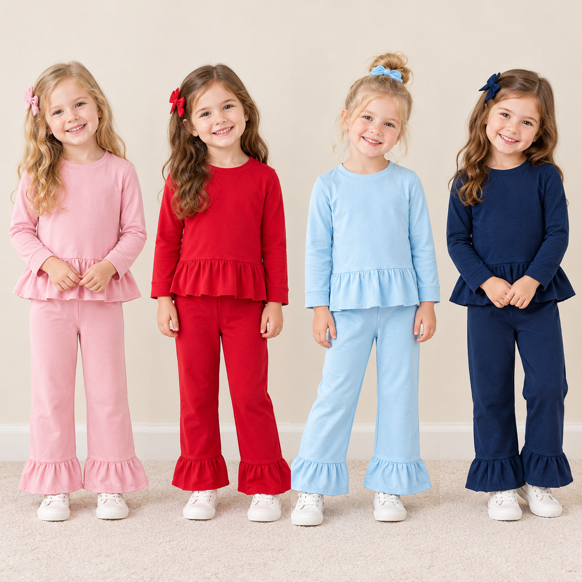 RTS NO MOQ Sibling cotton Baby Girls Solid Color Long Sleeve Ruffle Top And Flare Pant Matching Set