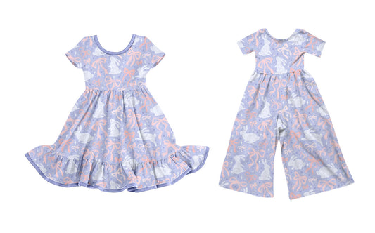 25.10.9 custom each style moq 8 eta 6-8week Sibling Sisters bunny bow baby girl long sleeve dress and jumpsuit match family design