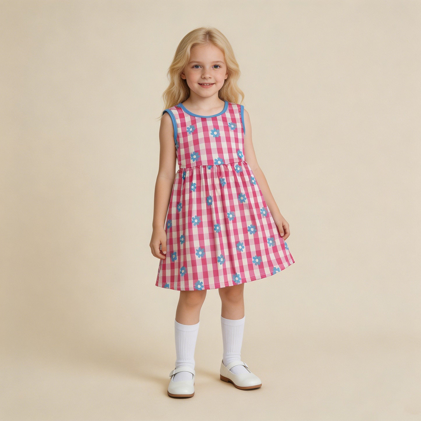RTS NO MOQ milk silk GSD4007 Baby Girls Sleeveless Pink Checked Flowers Back Bow Knee Length Dresses