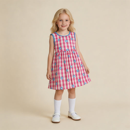 RTS NO MOQ milk silk GSD4007 Baby Girls Sleeveless Pink Checked Flowers Back Bow Knee Length Dresses