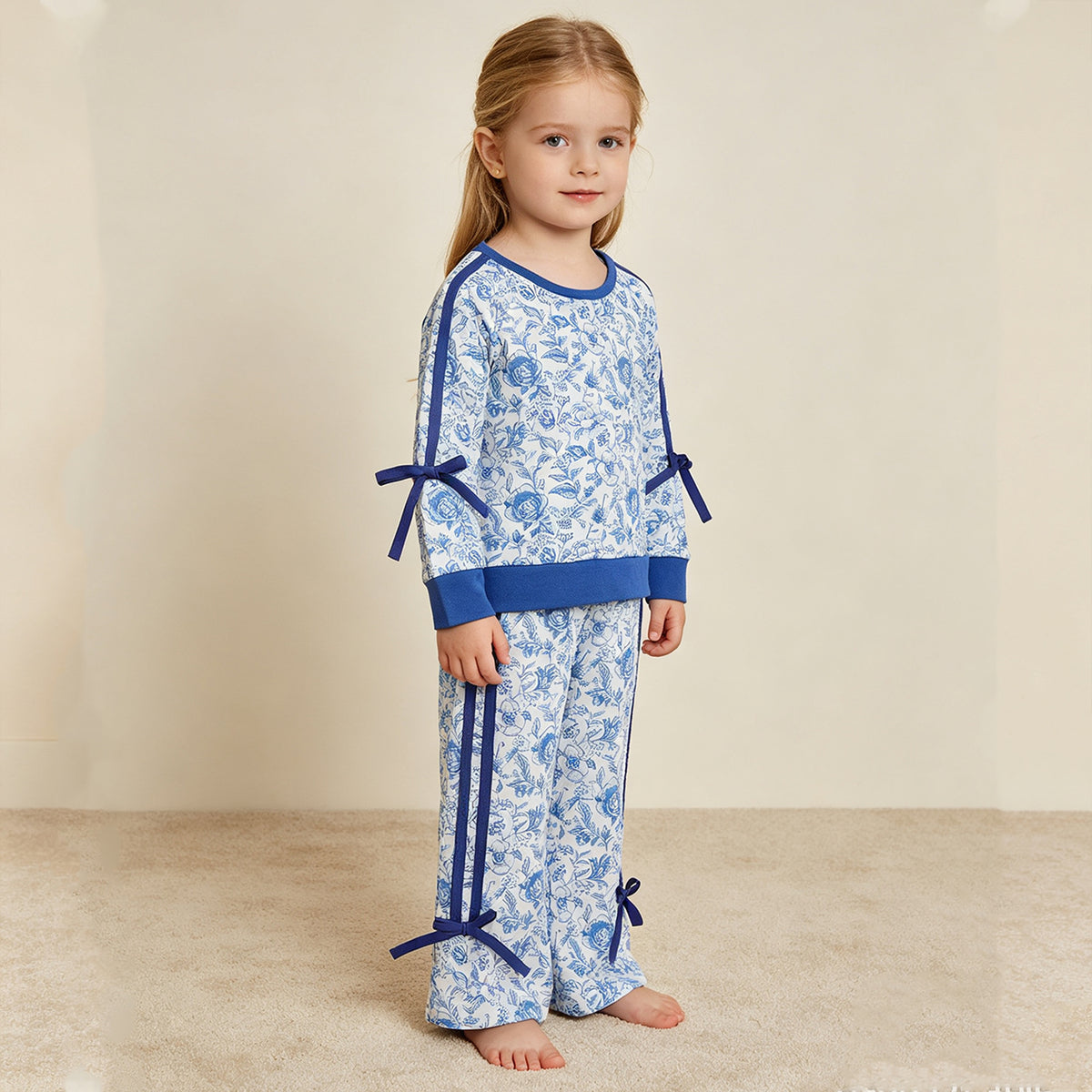 NEW RTS NO MOQ milk silk GLP3364 Baby Girls Blue Floral Print Long Sleeve Top Pockets Flare Pant Two Piece Fall Outfit Set