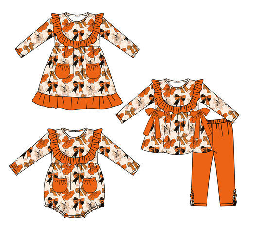 25.5.10 custom each style moq 5eta 4-6week Sibling Sisters bow orange baby girl long sleeve pants sets and dress and rompers match family design