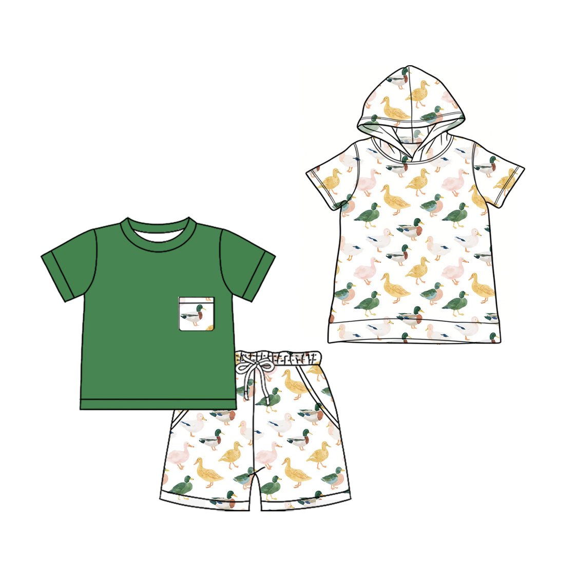 3.7 Custom moq 5 mix size Sibling Baby Boy Duck Short-Sleeved Shirt And Shorts Set Short-Sleeved Hooded Top