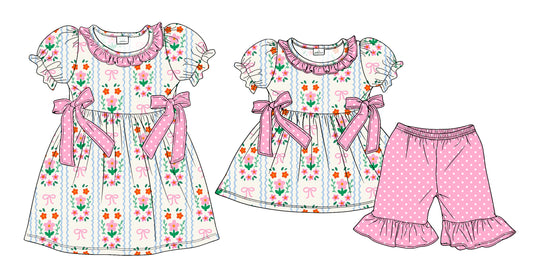 3.24  Custom moq 5 mix size Sibling Baby Girl's Flowers Short-Sleeved Top with Bow And Pink Short Set Cute Short-Sleeved Dress for Summer
