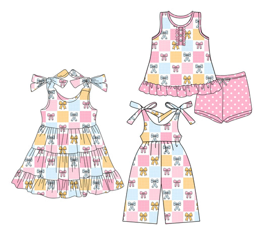 25.5.25 custom each style moq 5eta 4-6week Sibling Sister bow baby girl short sleeve shorts sets and dresses and jumpsuit match design