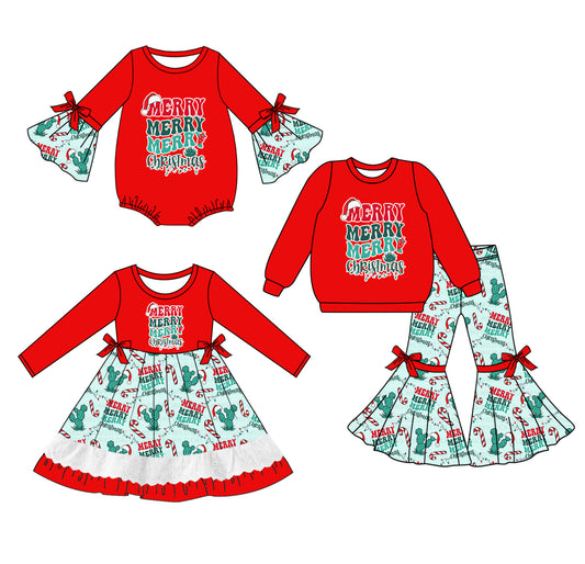 25.5.19 custom each style moq 5eta 4-6week Sibling Sisters MERRY Christmas red baby girl long sleeve pants sets and dress and rompers match family design