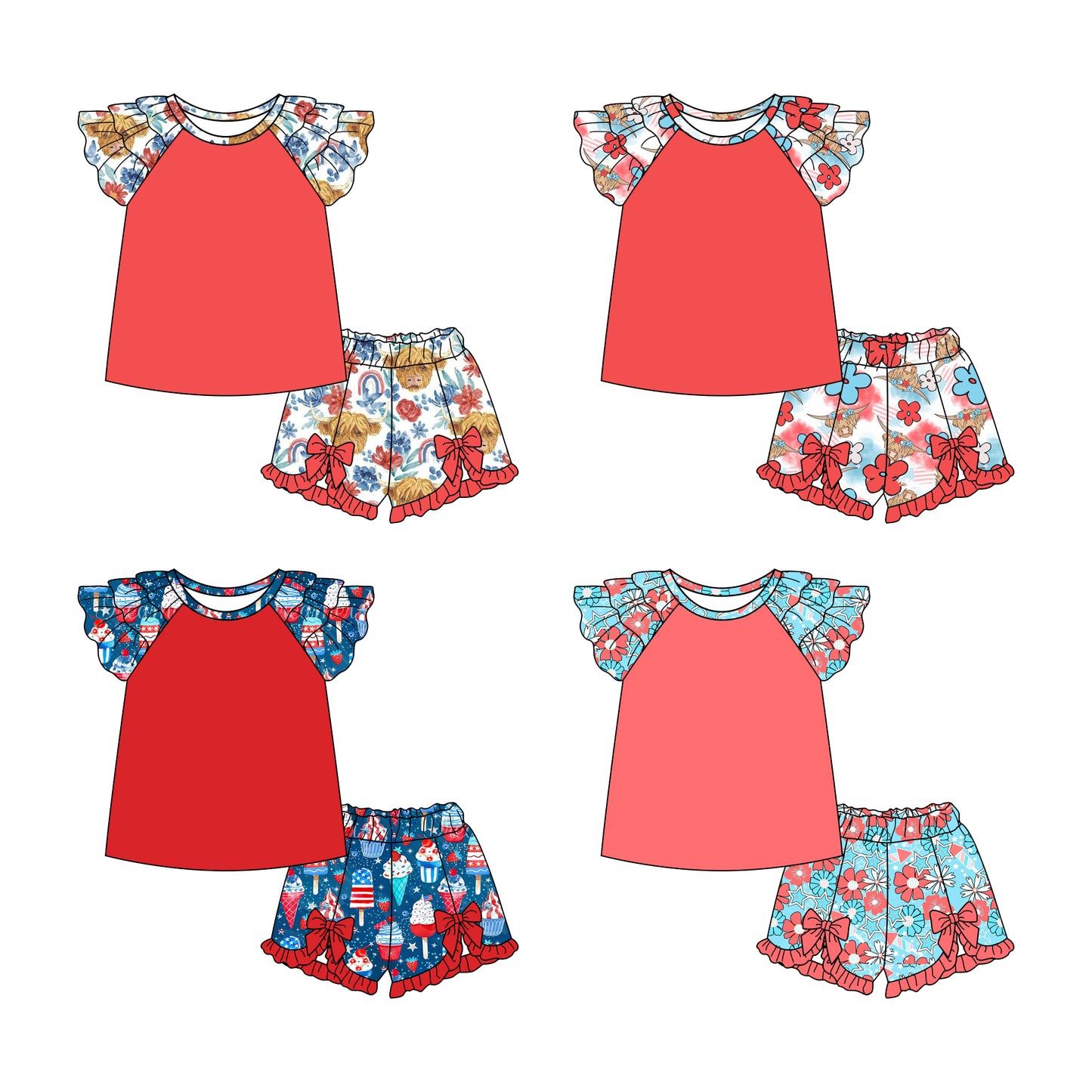 2.11 custom each style moq 5eta 4-6week Sibling Sister floral baby girls short sleeve shorts sets and set 4 match design